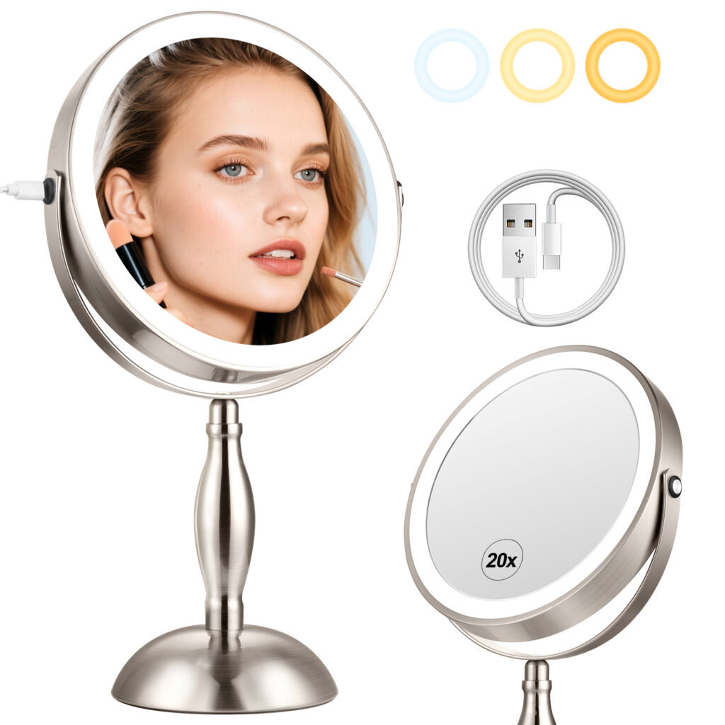 20x Magnifying Mirror with Light-Brushed Nickel | 5000mAh Lighted Makeup Mirror with 3 Color Modes and Adjustable Brightness, Side Charging & SideTouch Sensor, 360° Rotation
