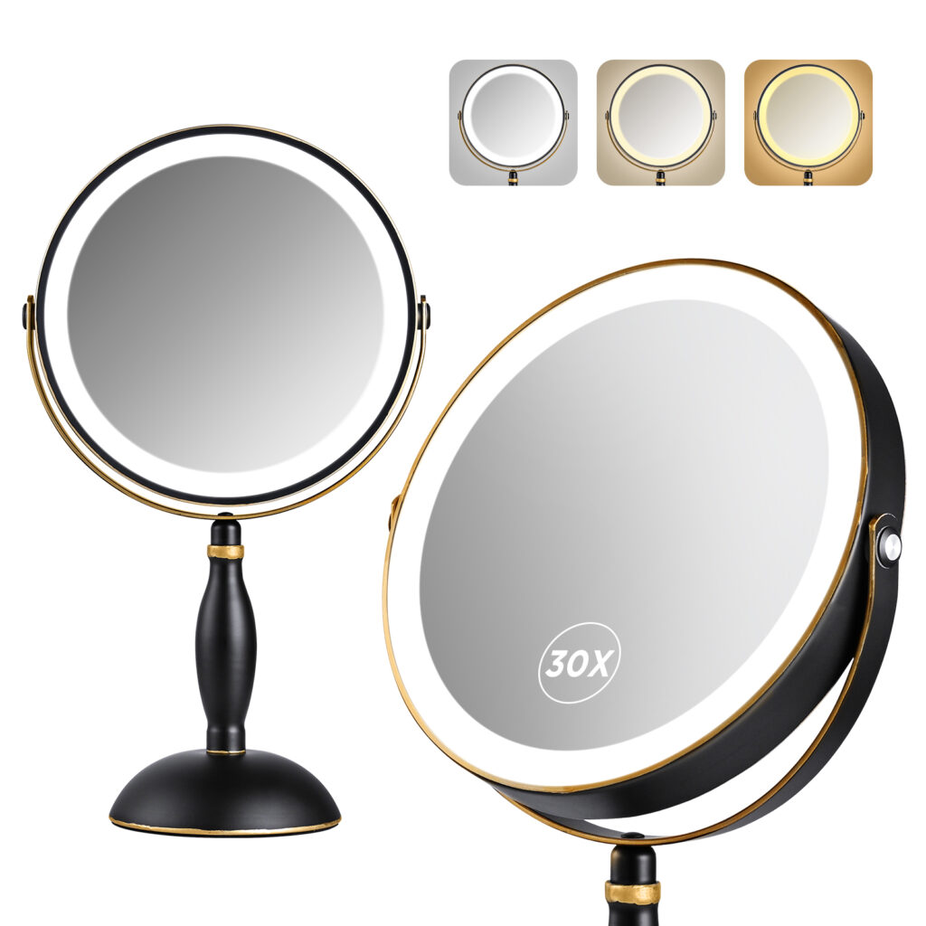 30x Magnifying Mirror with Light, Matte Black with Gold Trim | Makeup Mirror with 3 Color Light & Brightness Adjustable, 5000mAh Rechargeable Vanity Mirror, Modern Style Side Touch+Charge