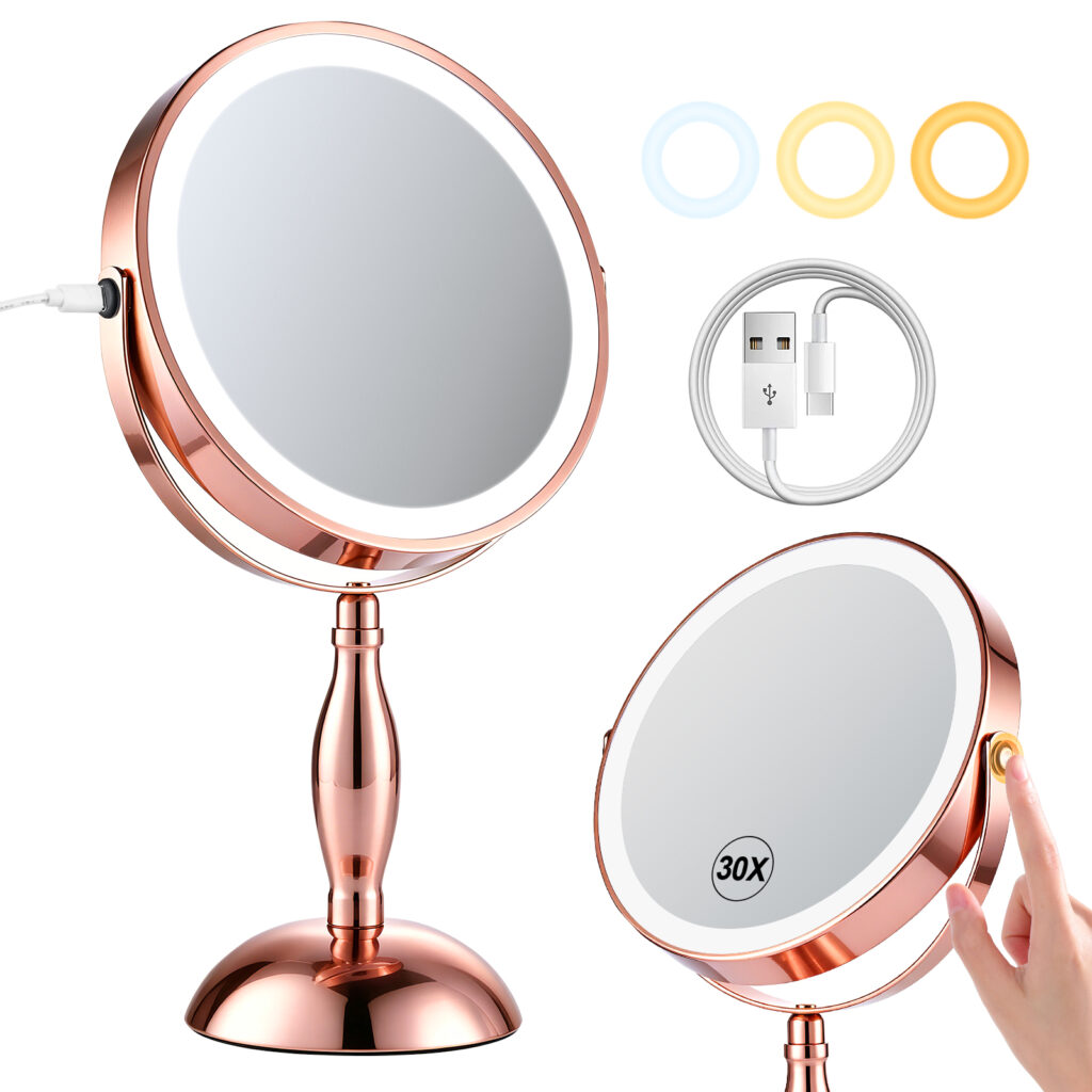 30X Makeup Mirror with Lights and Magnification-Rose Gold 8" Double Sided | Magnifying Mirror, 5000mAh Rechargeable, 360° Rotation, (Side Touch+Side Port), 3 Color Modes, Dimmable Light, for Vanity