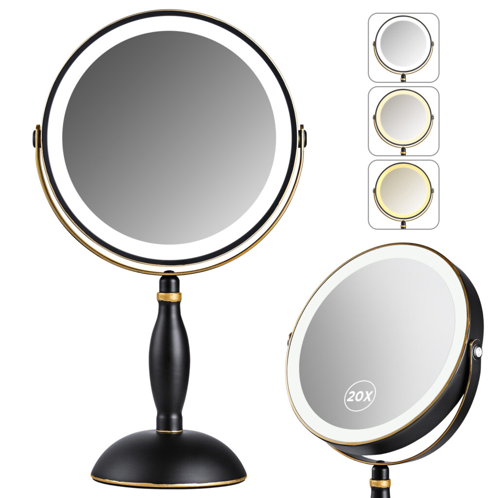 Lighted Makeup Mirror, 20x Magnifying - Matte Black with Gold Trim | Rechargeable Double Side Vanity Mirror, 3 Colors with Brightness Adjustable, Modern Style Side Touch & Charge, Women Gift